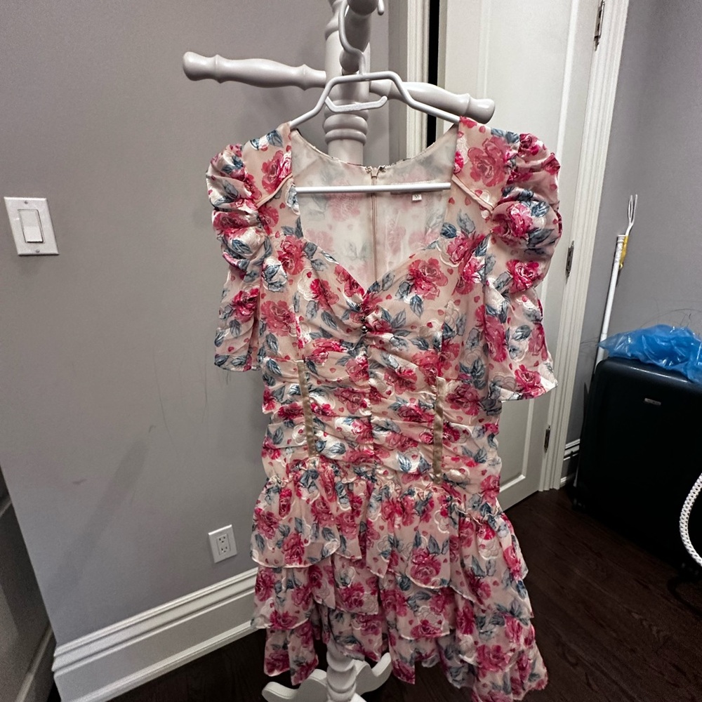 Lange Pink Floral Kids Dress with Ruffles